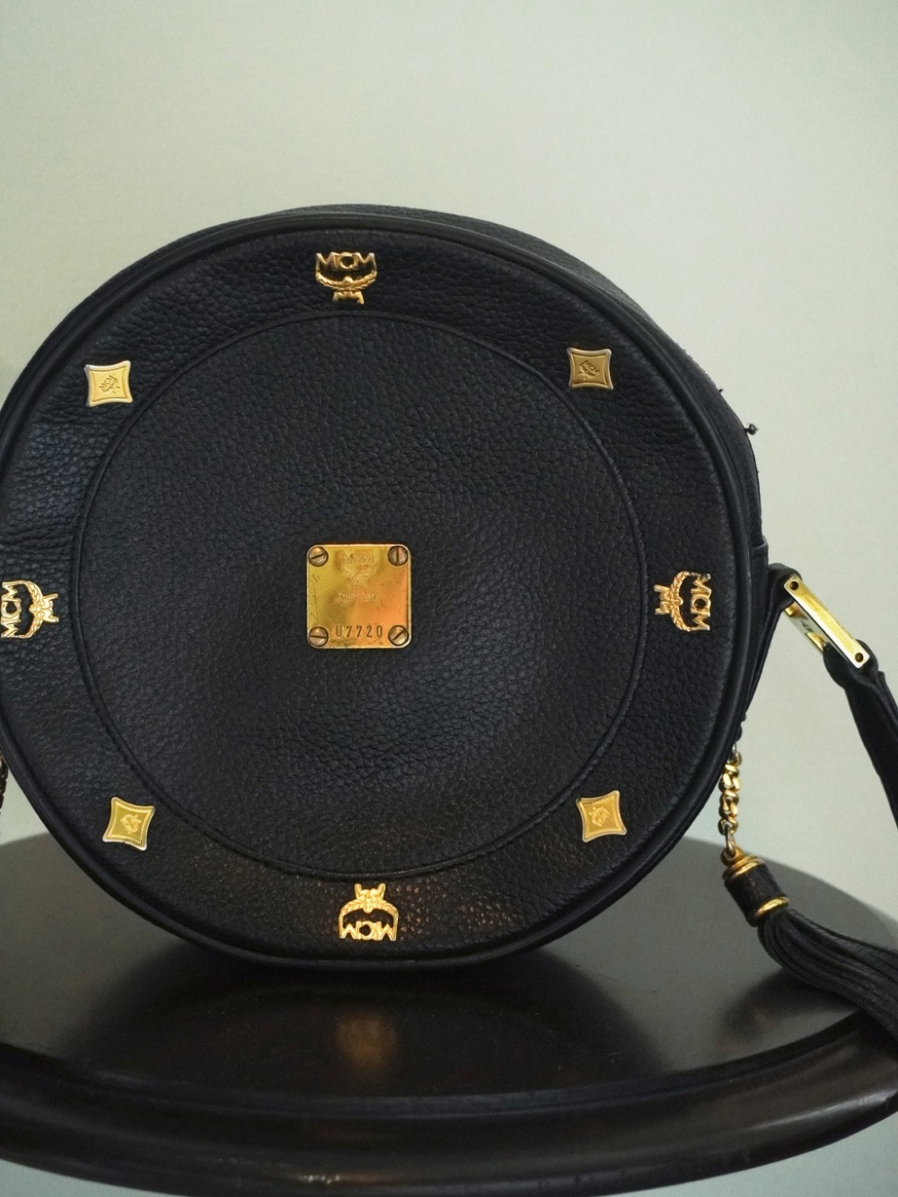 MCM Black Round Leather Crossbody Bag Pina Tambourine Bag AUTHENTIC